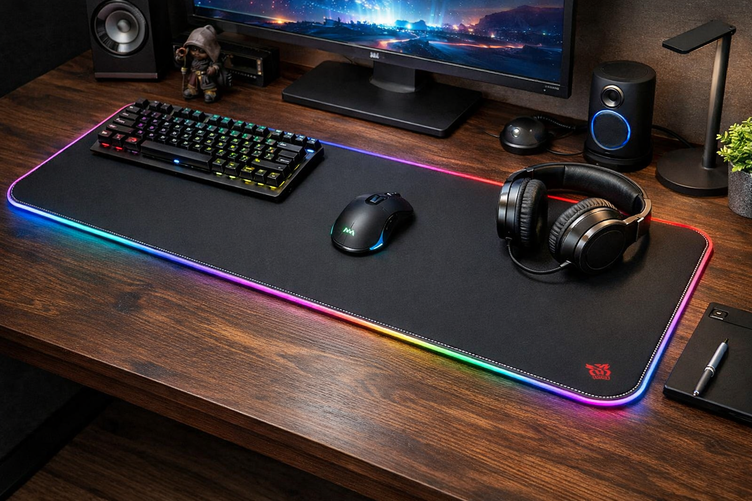 TITANWOLF - RGB Tapis de Souris Gaming XXL - LED Lumineuse Tapis de Souris Multicolore 11 Modes - 800 x 300mm - Surface antidérapante pour Les Joueurs de l’Ordinateur PC et du Mac - Noir