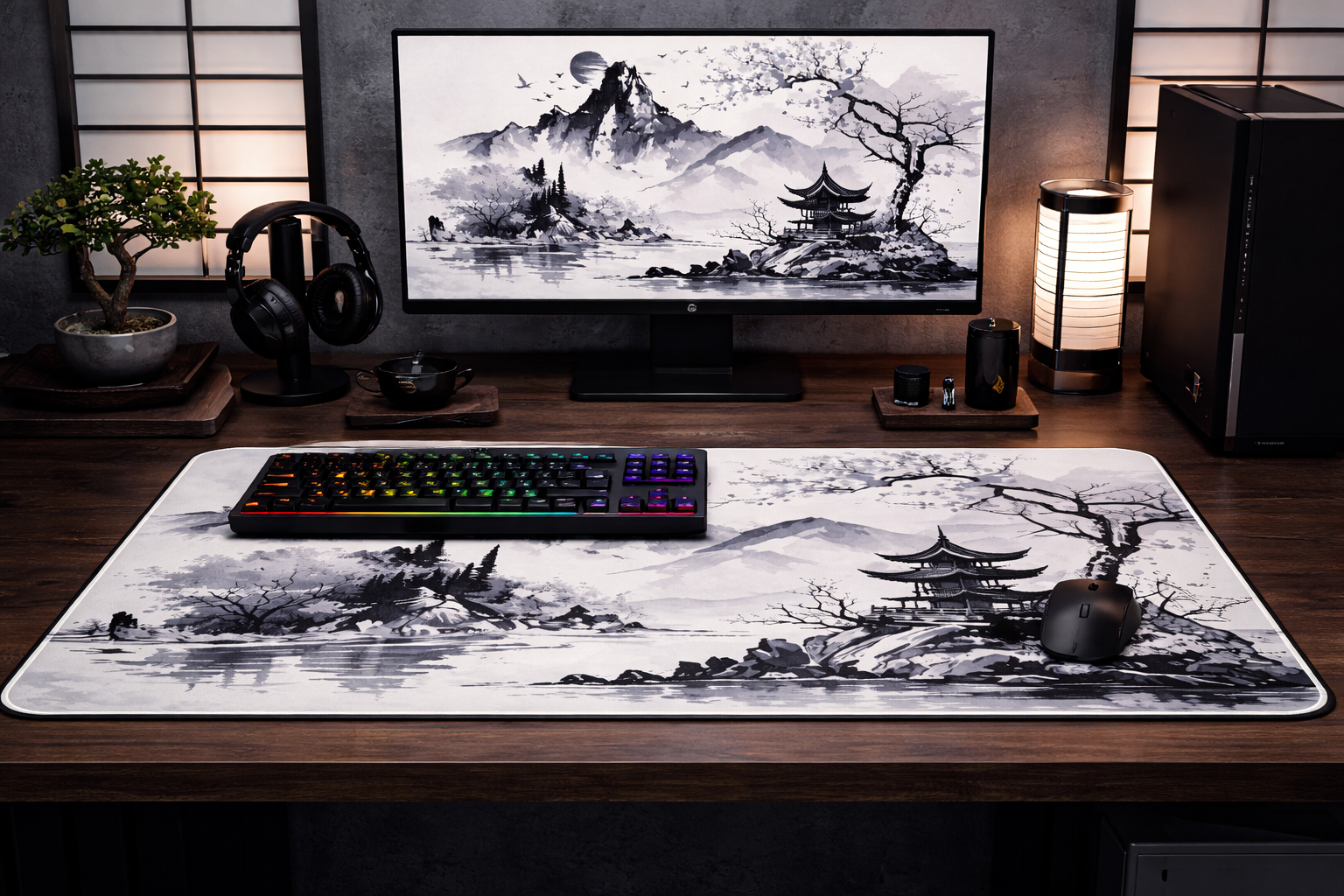 Tapis de Souris XXL 800 x 300 x 3 mm de Jeu en Encre et Lavis, Tapis de Souris Japon pour Ordinateur Portable avec Bords Surpiqués et Antidérapant