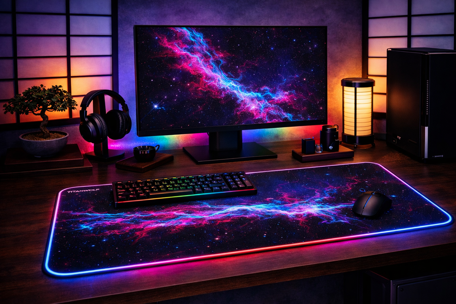 TITANWOLF RGB Tapis de Souris Gaming XXL, LED Lumineuse Tapis de Souris Multicolore 11 Modes, Mosue Pad 800 x 300mm, Surface antidérapante pour Les Joueurs Gamers PC et du Mac, Nébuleuse du Voile