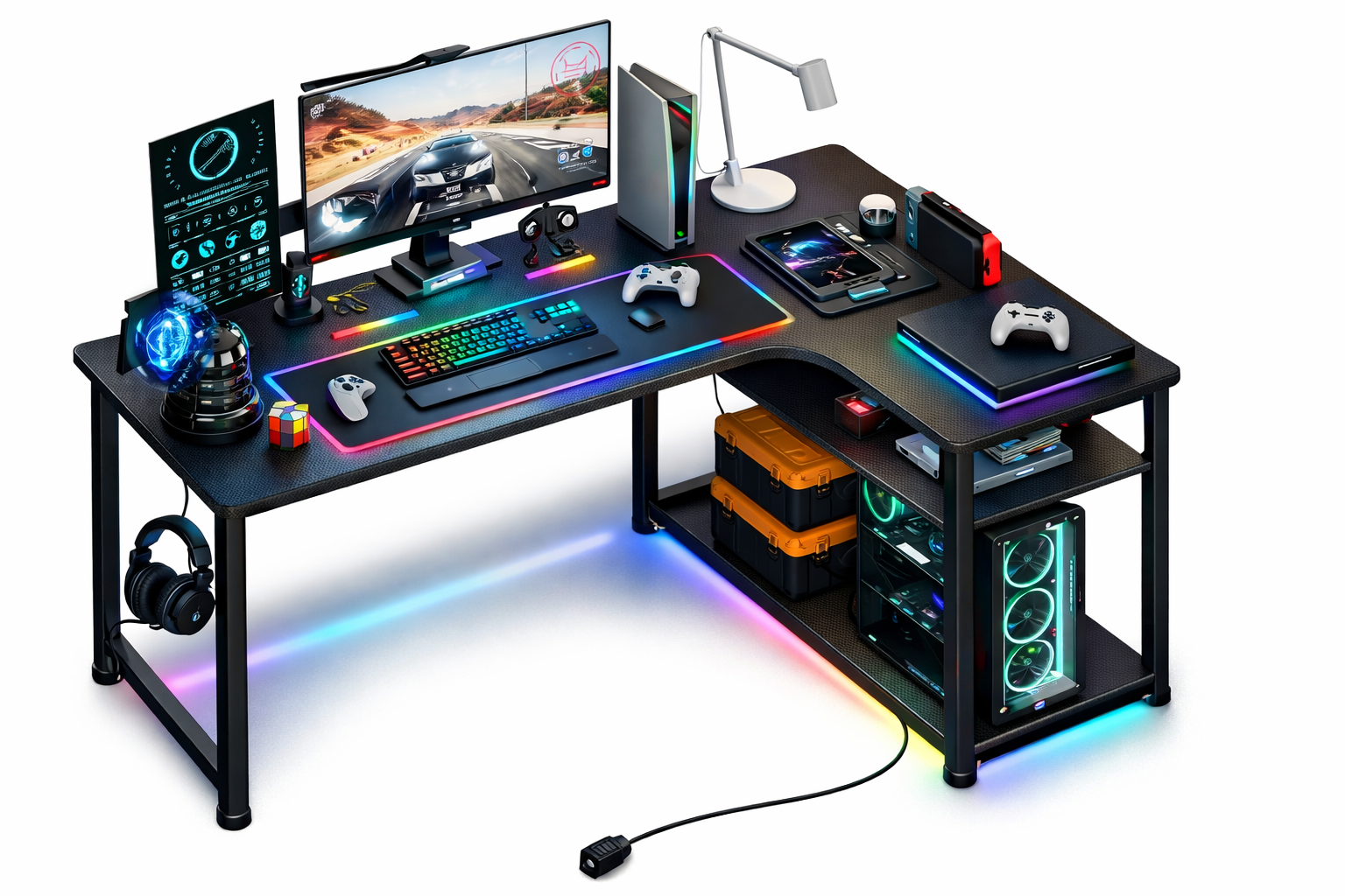 COMHOMA Bureau Gaming en Forme de L, Bureau d’Angle avec Étagères Rangement, Table imformatique avec Port de Charge USB et Prise de Courant, 120L*80P*74H, pour Jouer, Travailler