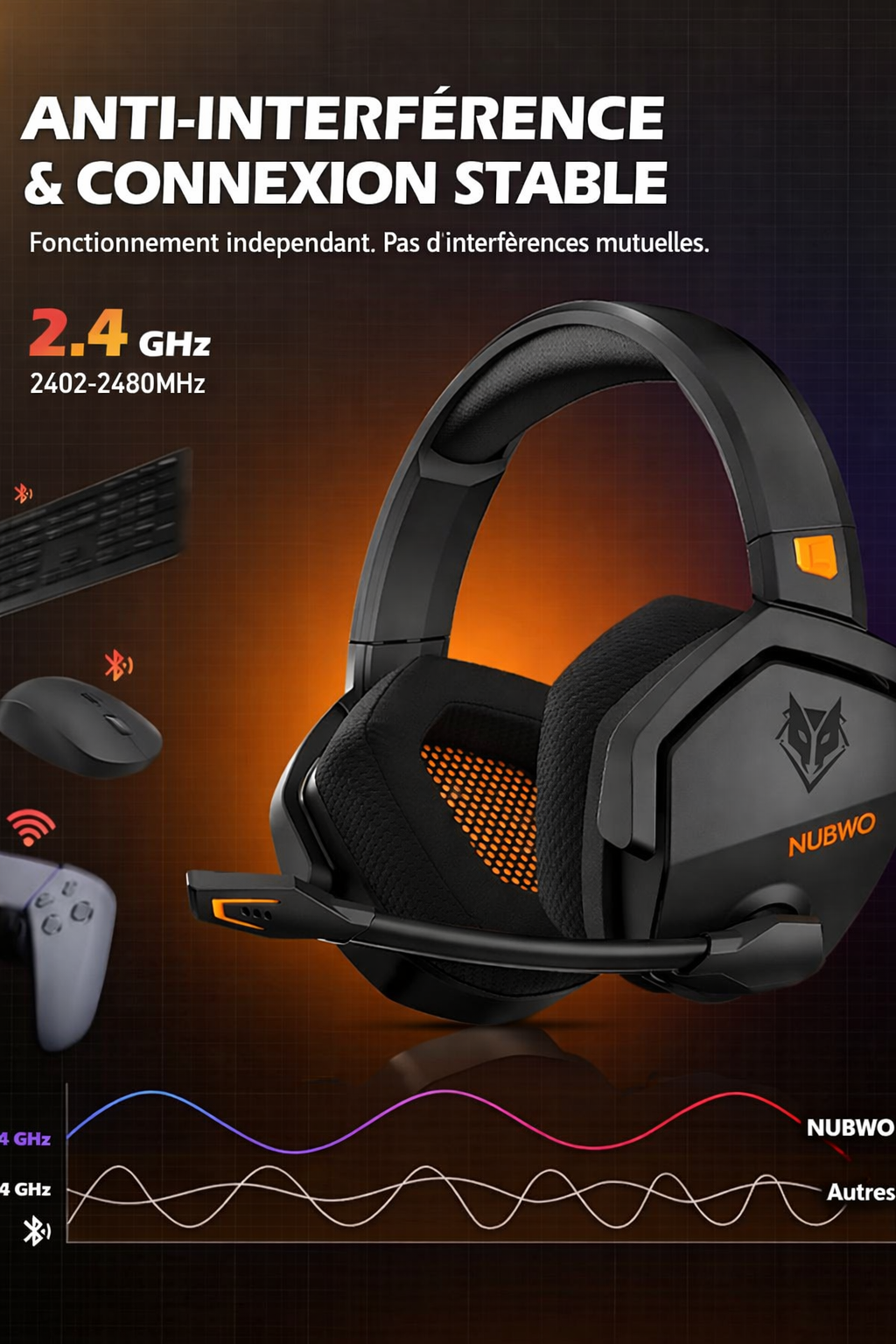 NUBWO G06 Double Casque Gaming sans Fil avec Microphone pour PS5, PS4, PC, NS, Mobile: 2,4 GHz Wireless + 5,3 Bluetooth - Batterie de 100 Heures - Pilotes de 50mm - Orange