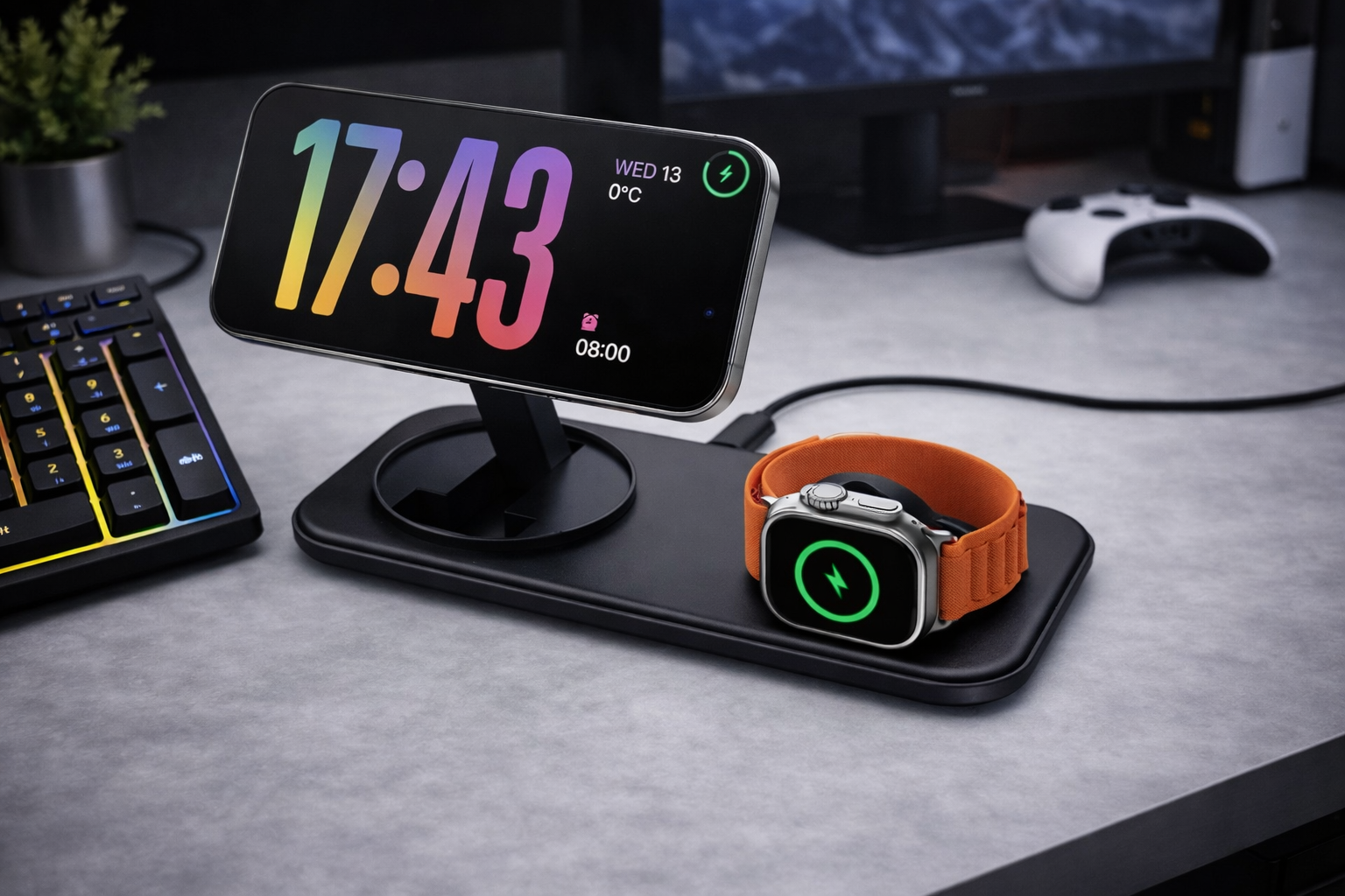 Chargeur Induction 2 en 1, Station de Charge sans Fil 15W pour Mag-Safe pour iPhone 17 16 15 14 13 12 11 Pro Max Mini Plus,Apple Watch Ultra 11 10 9 8 7 6 SE 5 4 3 2,AirPods 4 3 Pro 2, Noir