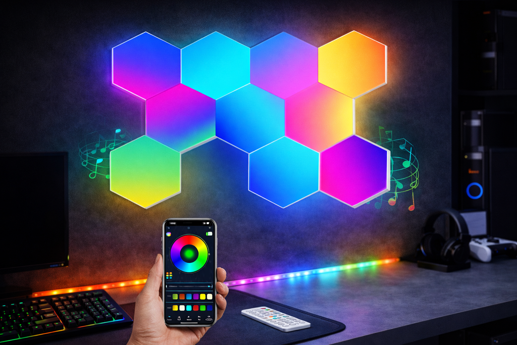 Panneau LED Mural, Applique Murale LED Gaming App et Télécommande, Lampe Gaming RGB Lampe Ambiance Deco Gaming Synchronisation Musicale, Lumières Hexagonales Géométrie pour Chambre Salon,7 Panneaux [Classe énergétique F]